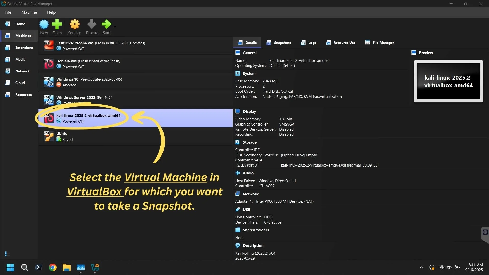 Selecting a VM in VirtualBox Manager