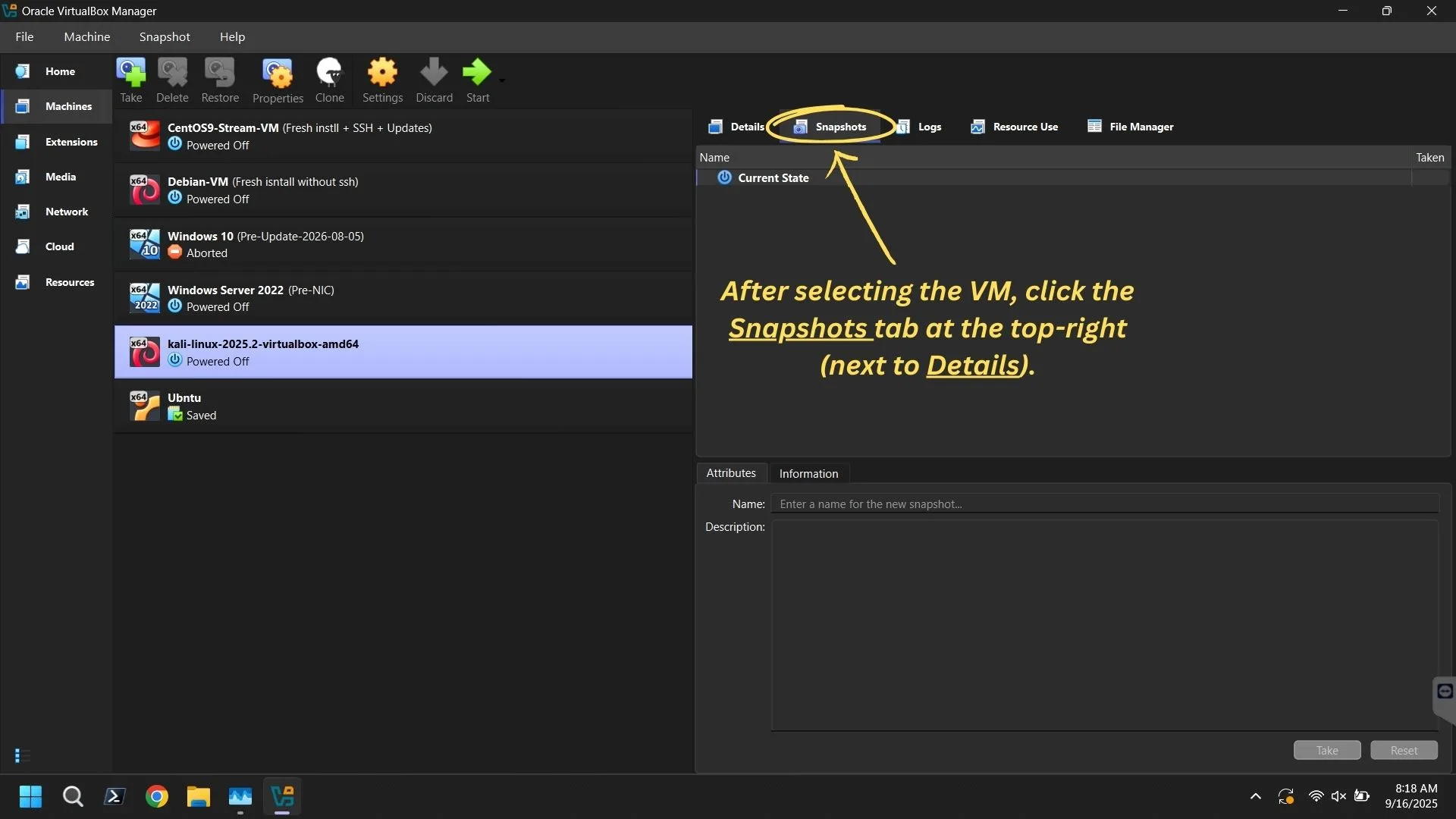 VirtualBox interface showing the Snapshots tab selected in the top-right pane next to the Details tab after selecting a VM