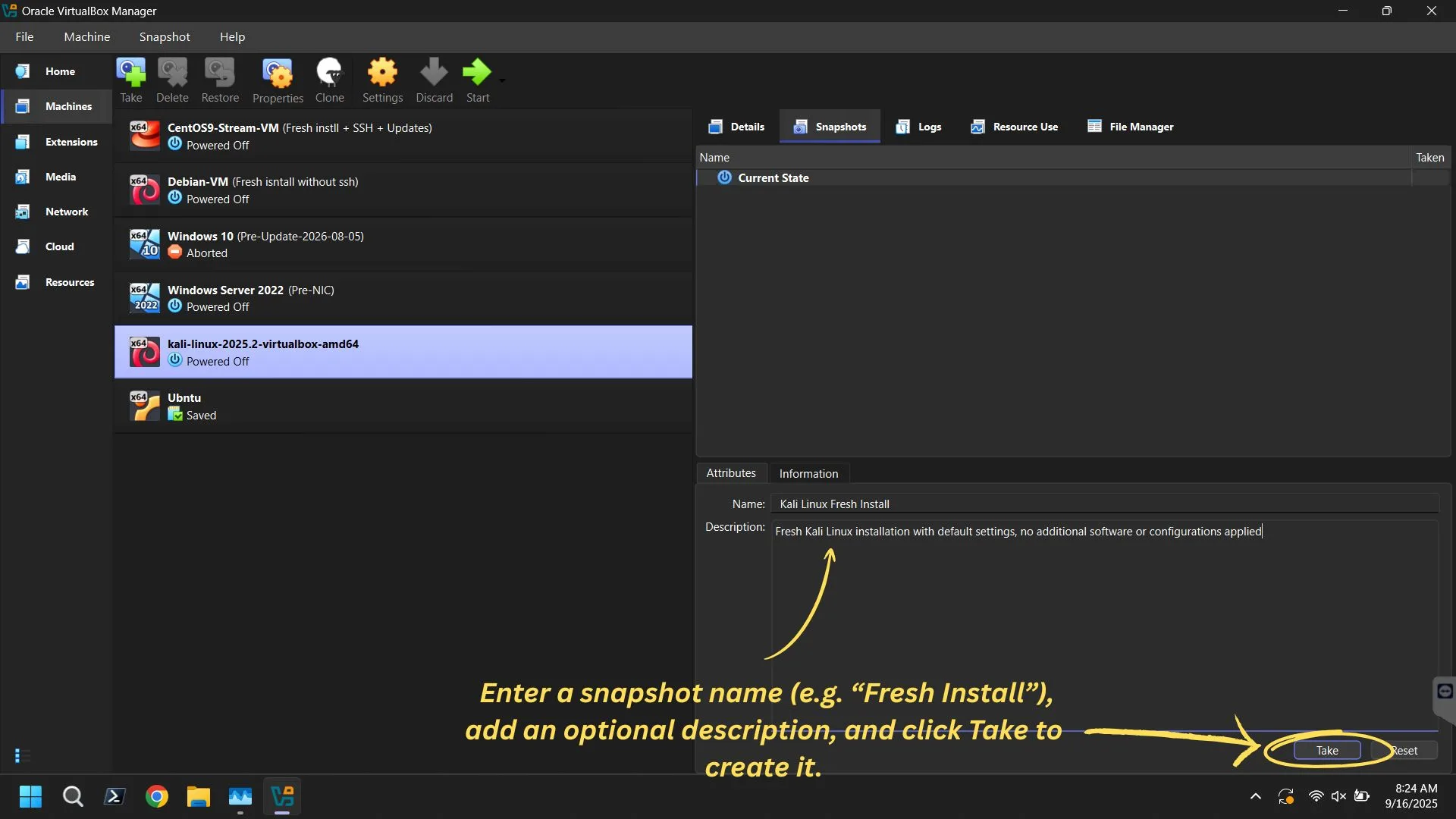 VirtualBox snapshot creation window showing fields for name and description and the Take button