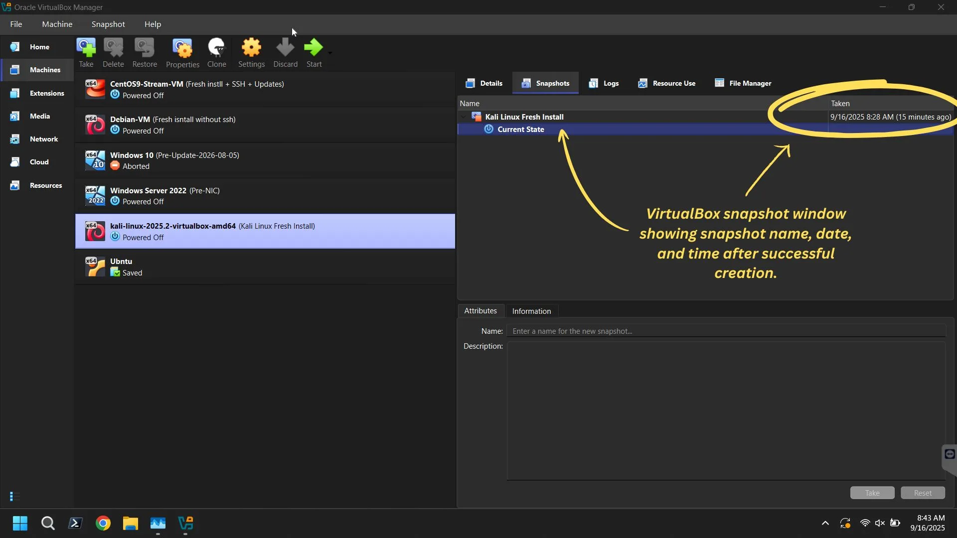 VirtualBox snapshot window showing snapshot name, date, and time after successful creation