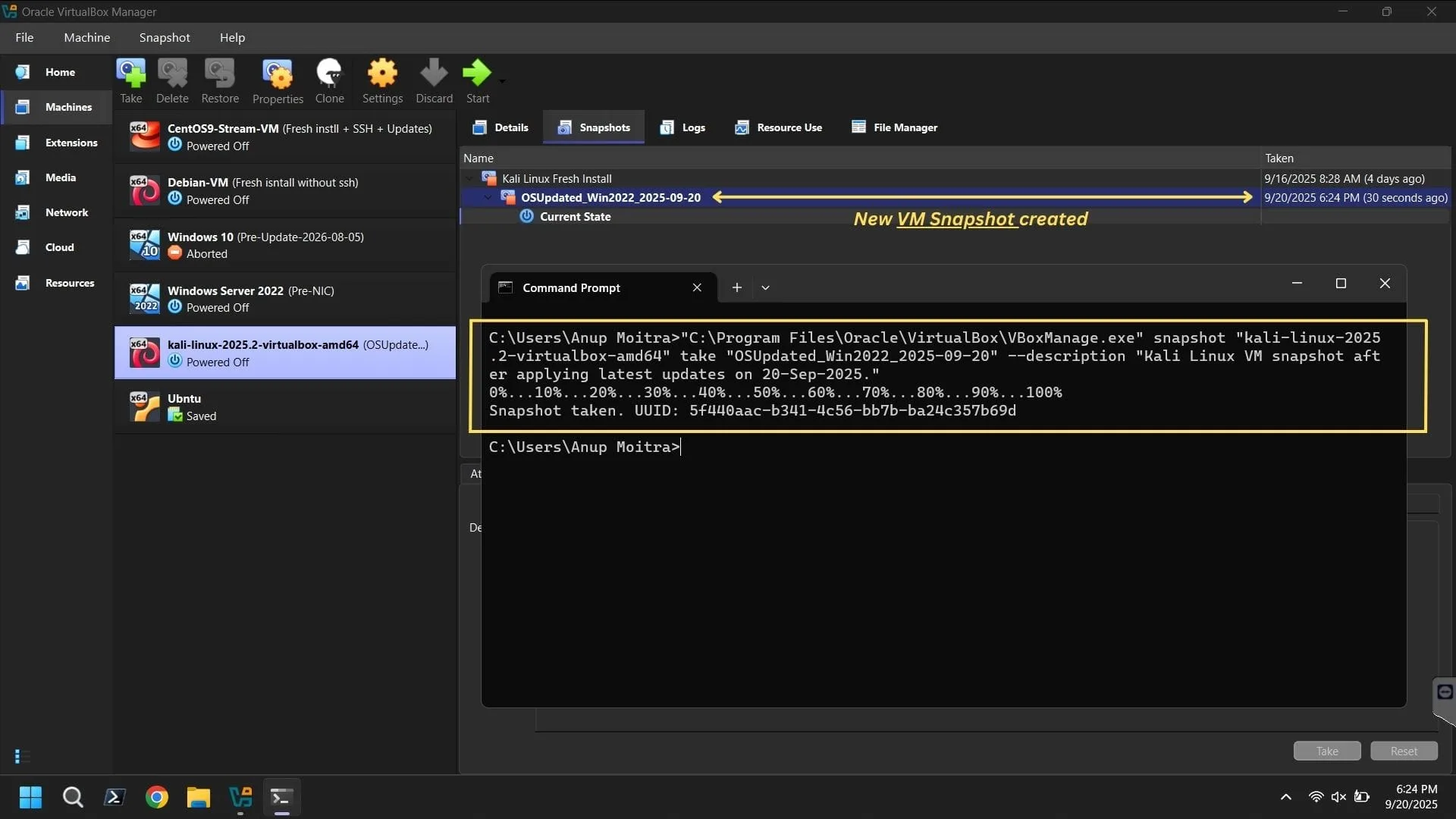 VBoxManage command line example for taking a VirtualBox snapshot
