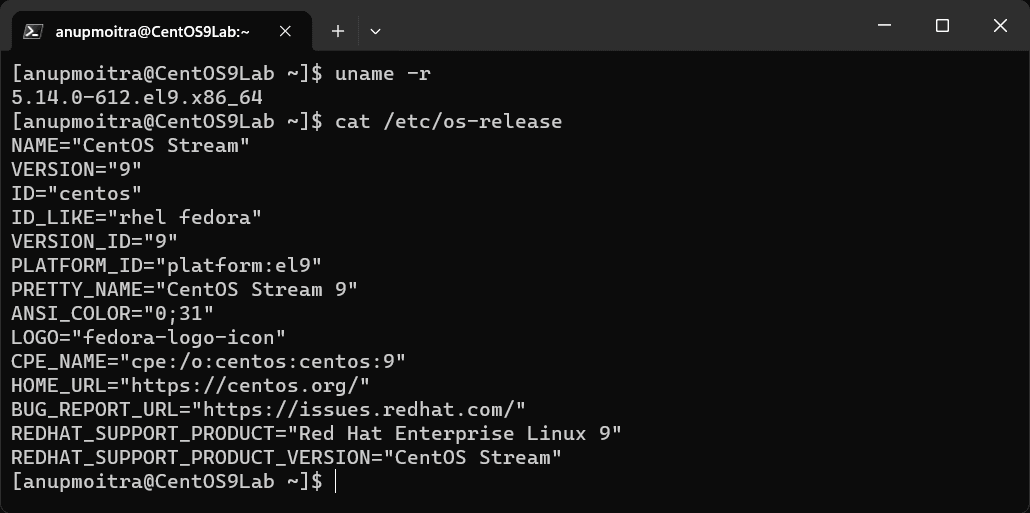 Linux terminal showing the output of uname -r and cat /etc/os-release commands