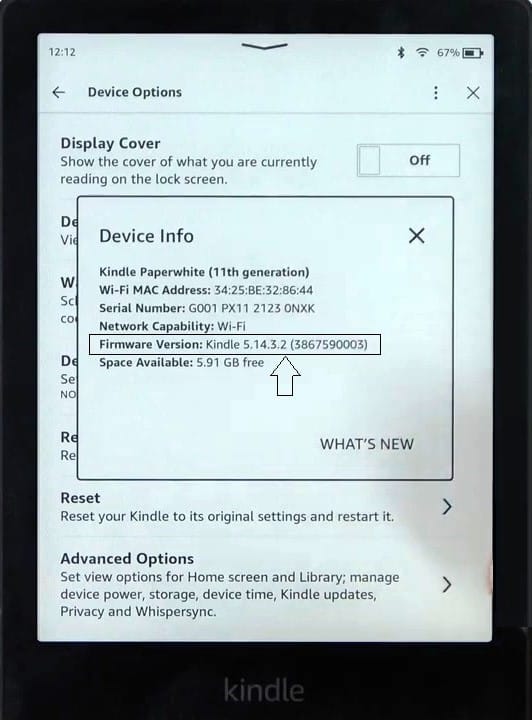 Kindle e-reader device information screen