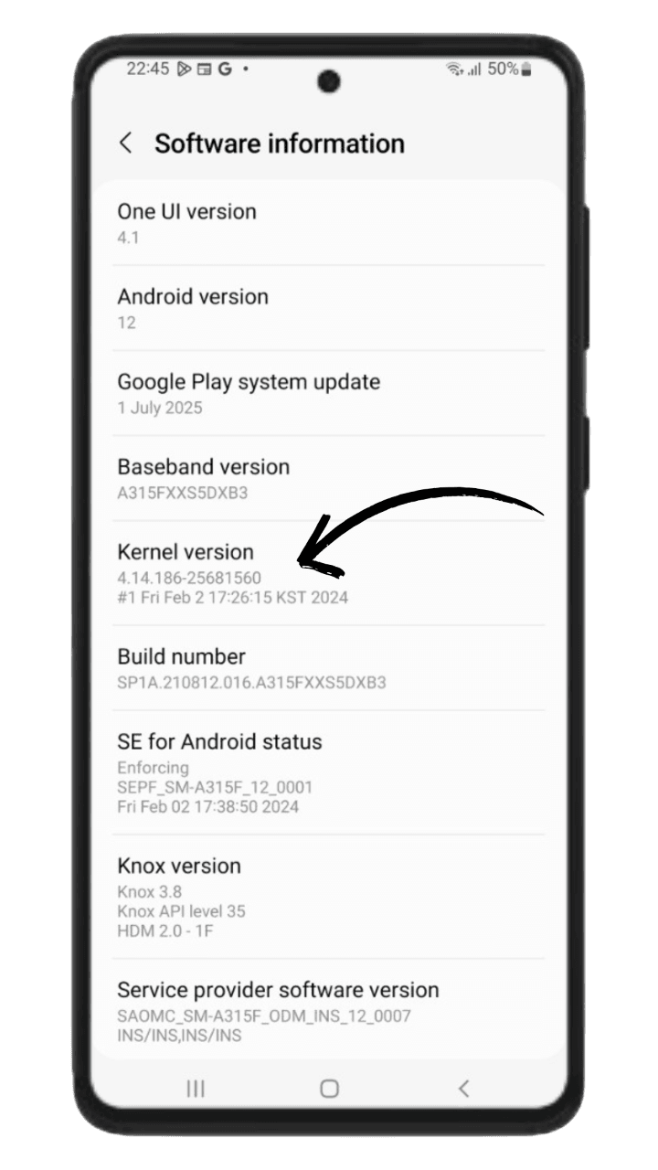 Android About screen with kernel version highlighted