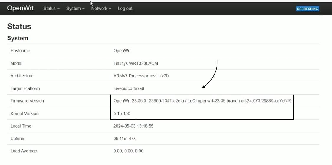 OpenWrt router admin page showing kernel information