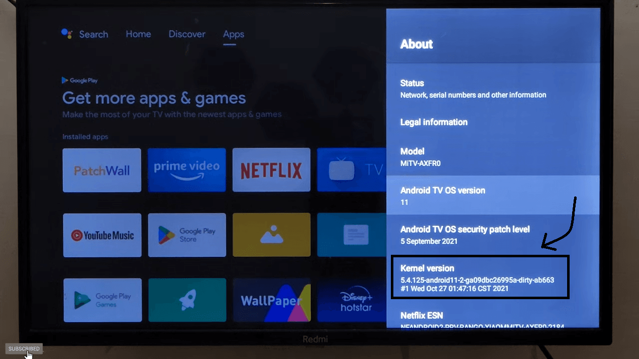 Android TV settings menu showing kernel version
