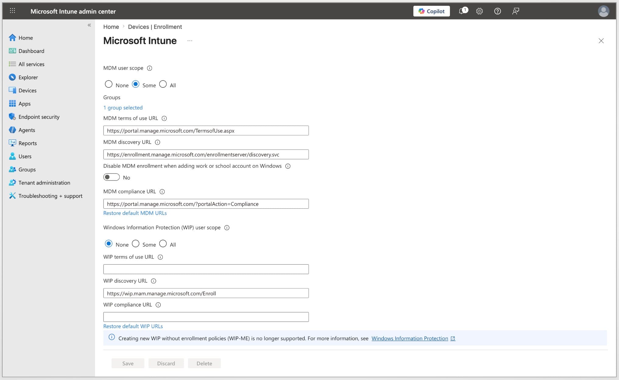Microsoft Intune automatic enrollment page showing MDM user scope set to Some with one pilot user group selected.