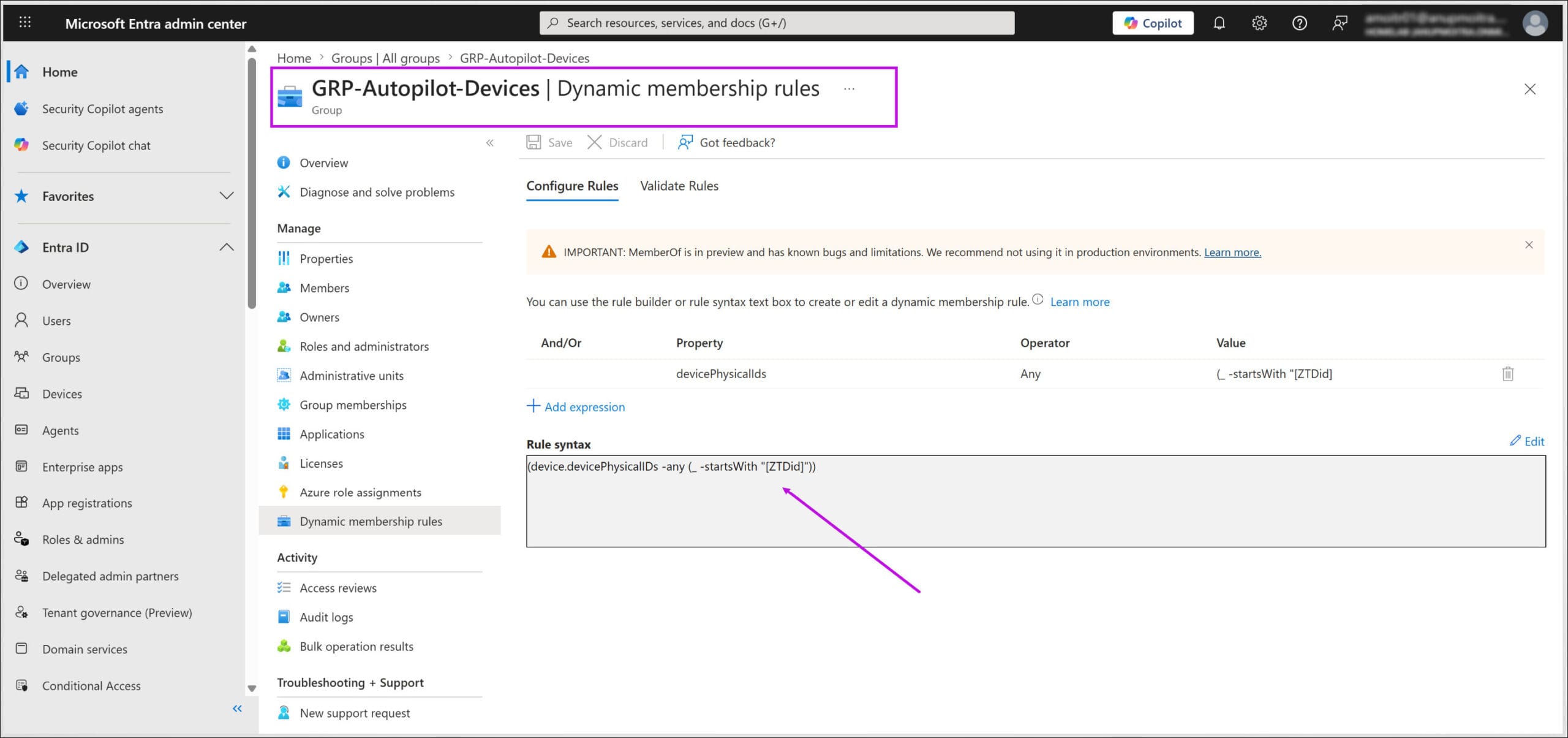 Microsoft Entra admin center showing the GRP-Autopilot-Devices dynamic membership rule using the ZTDid attribute.