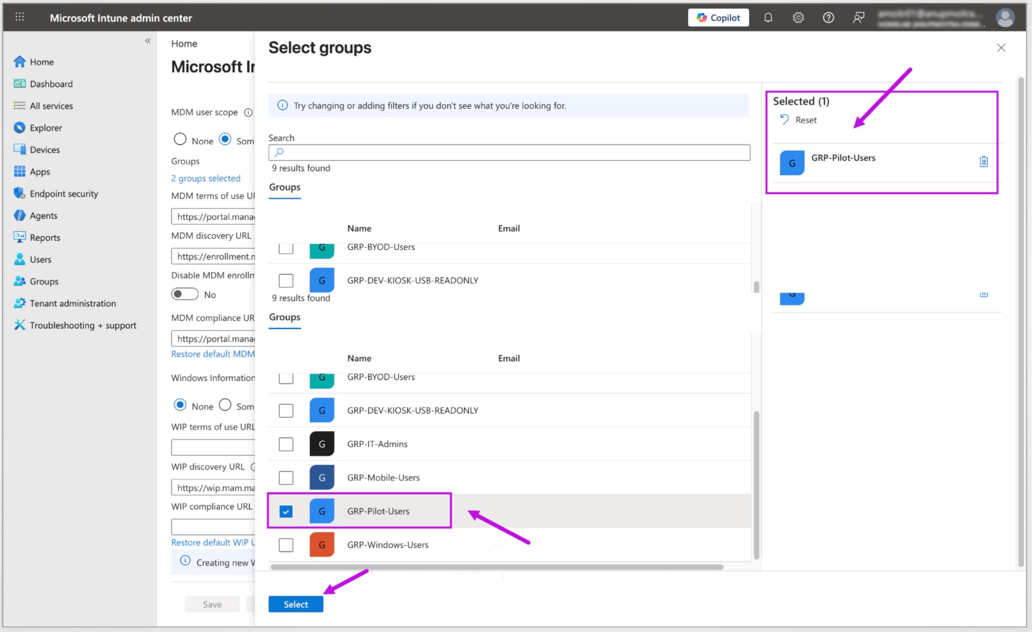 Selected groups panel showing GRP-Pilot-Users selected for automatic MDM enrollment in Microsoft Intune.