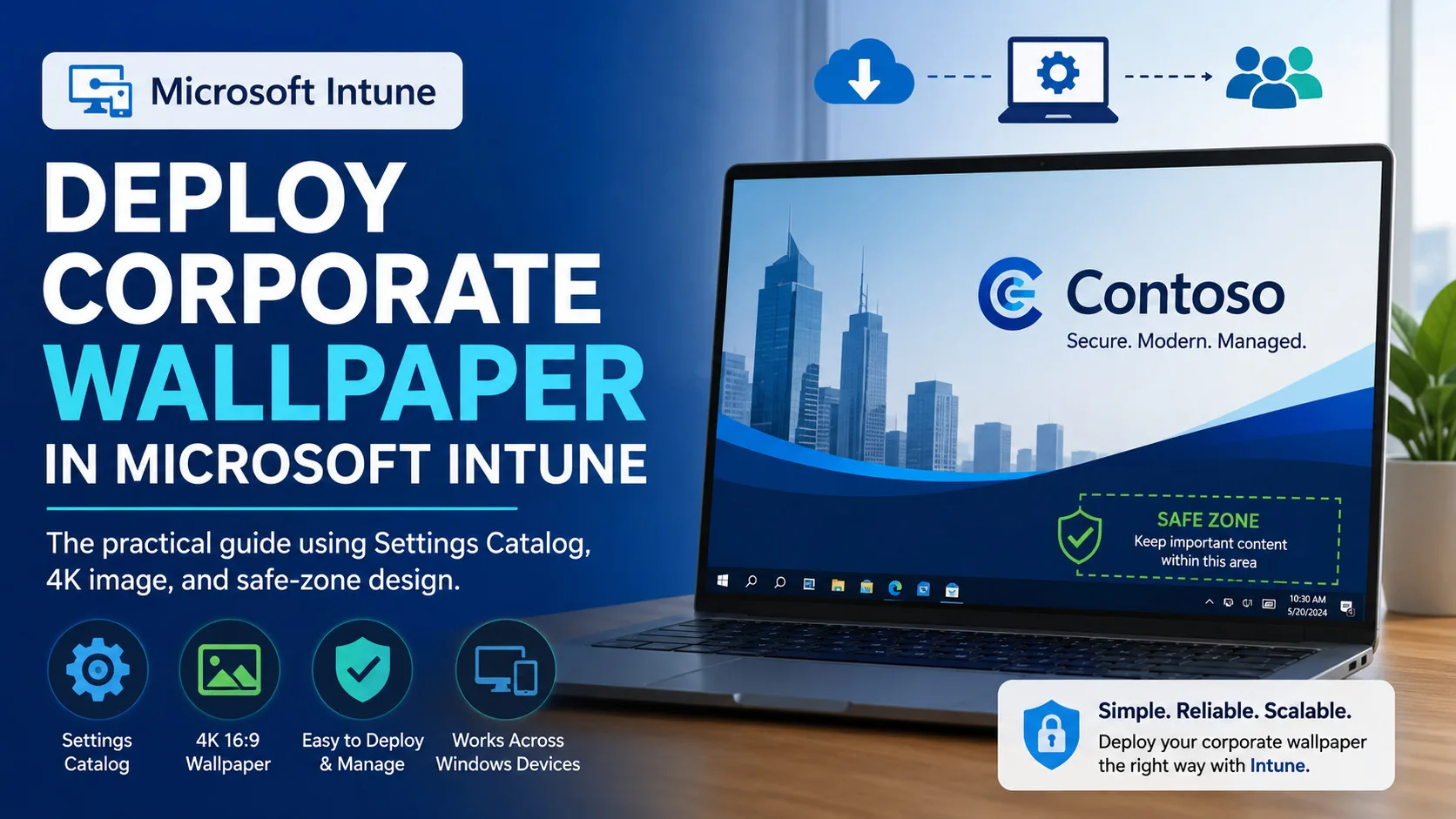 Featured image for a Microsoft Intune tutorial showing corporate wallpaper deployment using Settings Catalog, a 4K wallpaper, and safe-zone design.