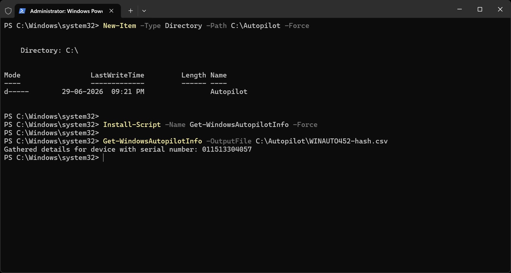 Administrator PowerShell window showing Get-WindowsAutopilotInfo exporting the hardware hash CSV file.