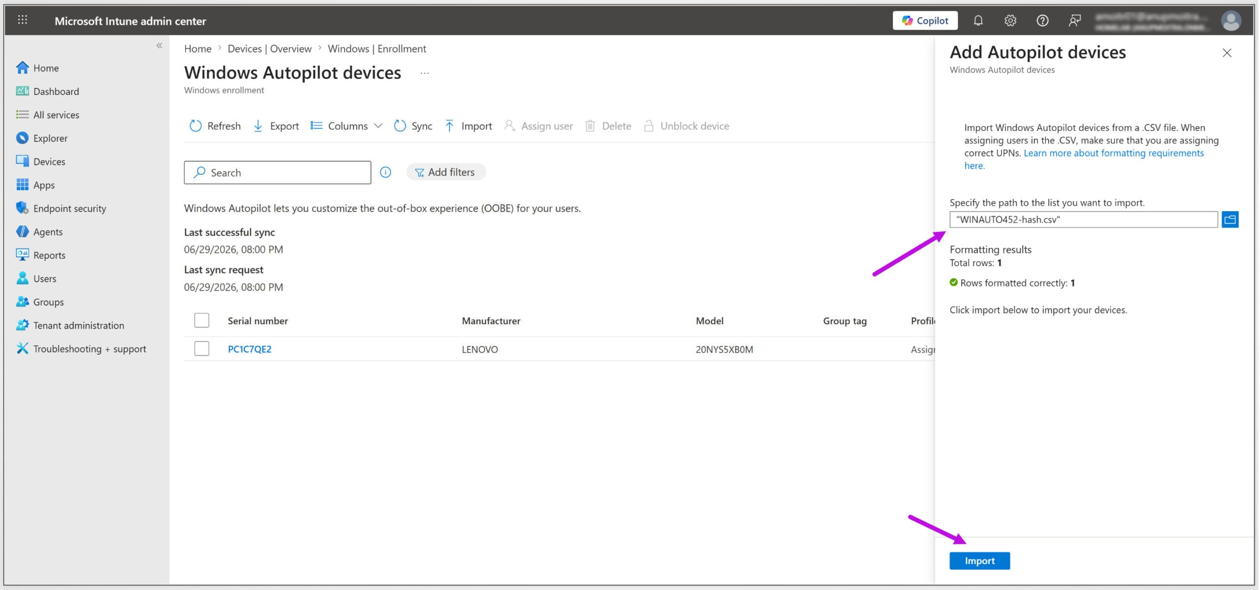 Microsoft Intune admin center showing the Add Autopilot devices pane with a validated hardware hash CSV file.