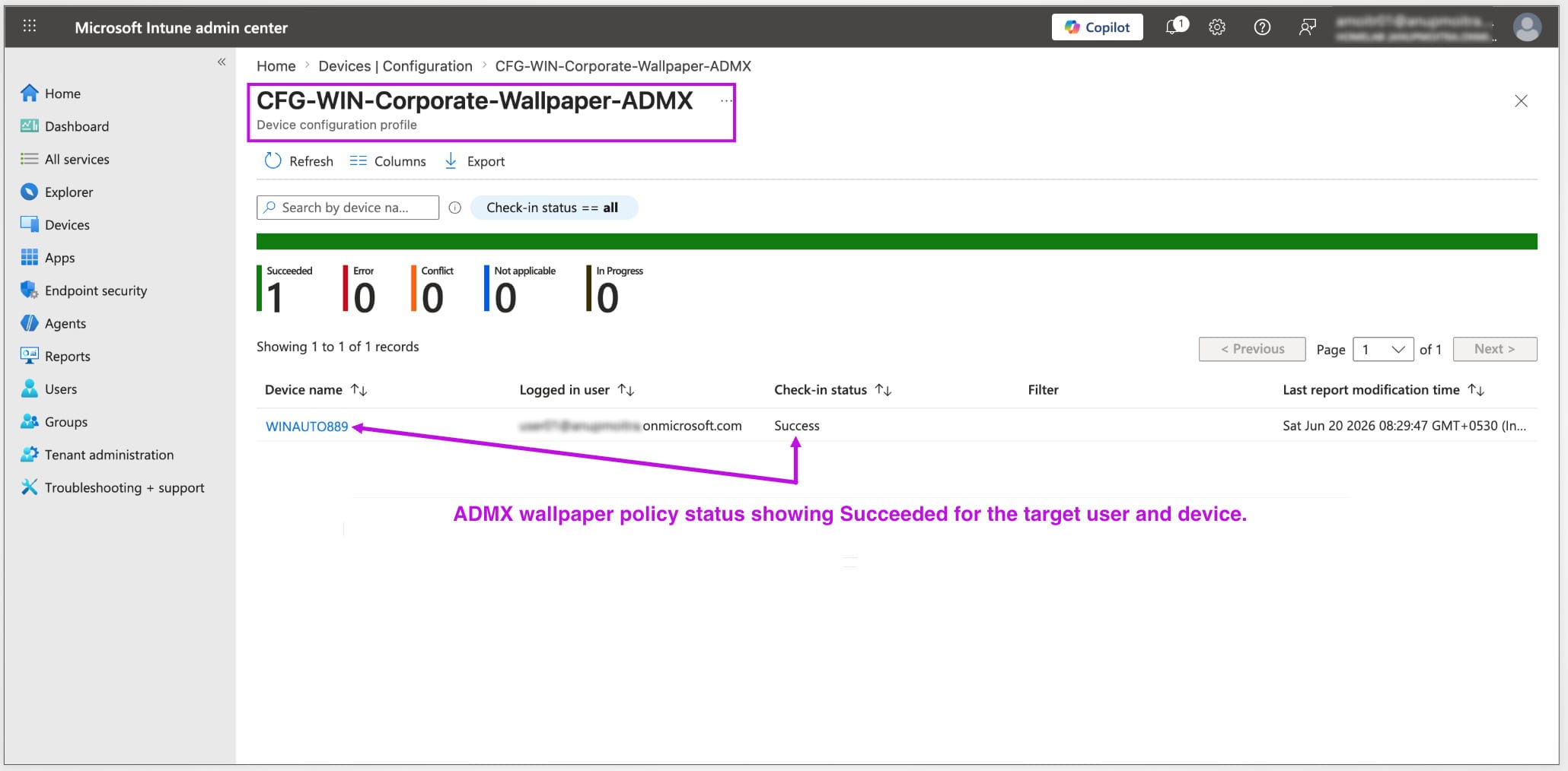 Microsoft Intune ADMX wallpaper policy status showing Succeeded for the target user and device