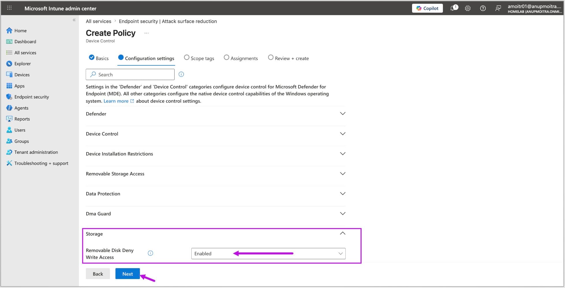 Microsoft Intune ASR Device Control policy showing Removable Disk Deny Write Access set to Enabled