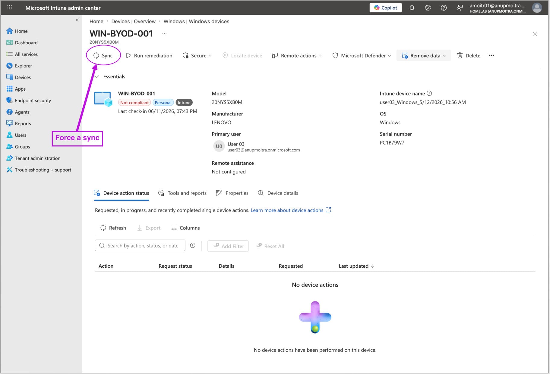 Microsoft Intune device overview page showing the Sync button used to manually trigger device check-in
