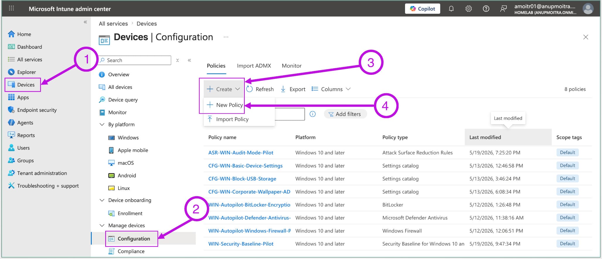 Microsoft Intune admin center showing Devices Configuration page with Create and New Policy options highlighted