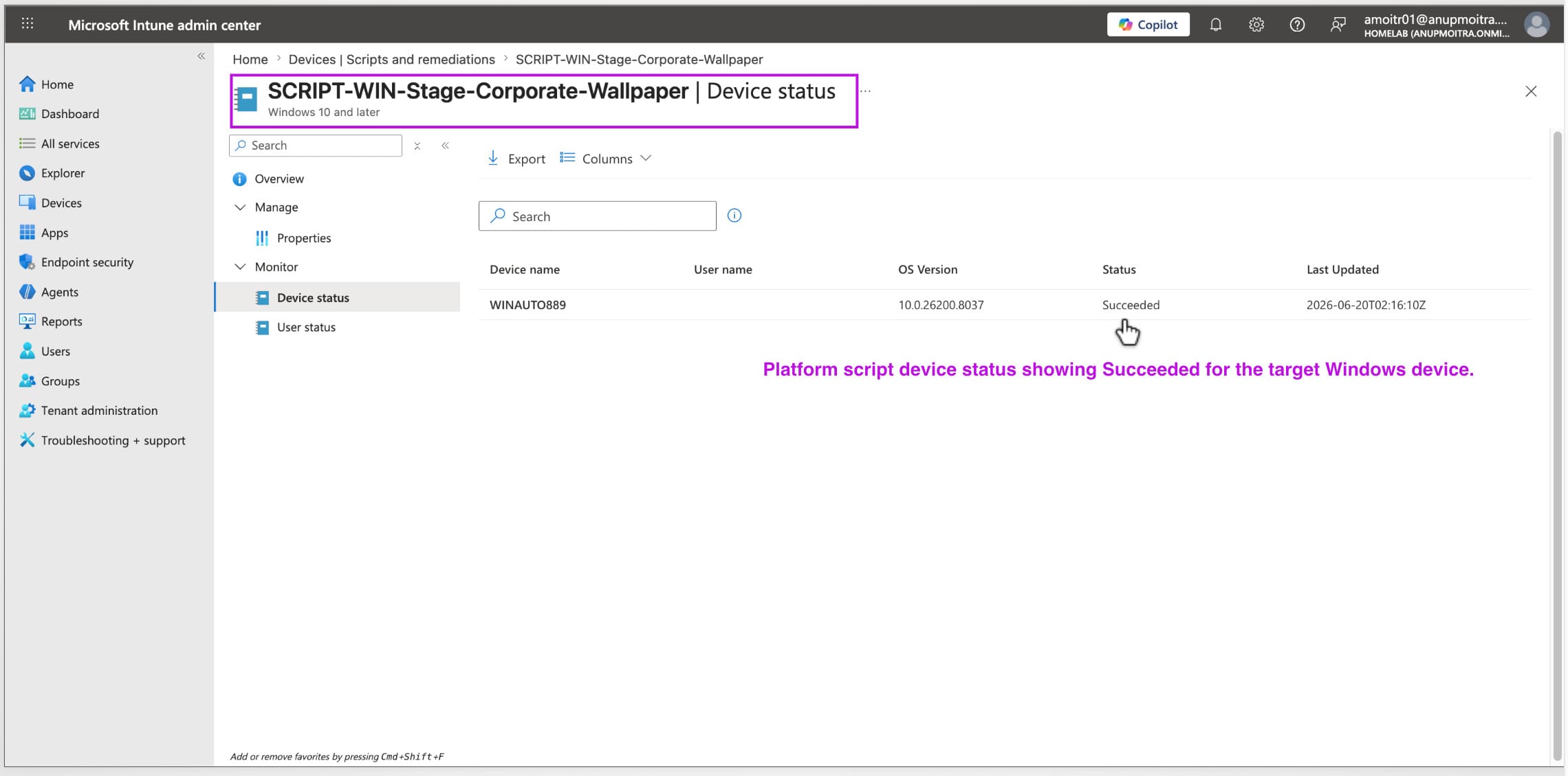 Microsoft Intune platform script device status showing the corporate wallpaper staging script succeeded for the target Windows device