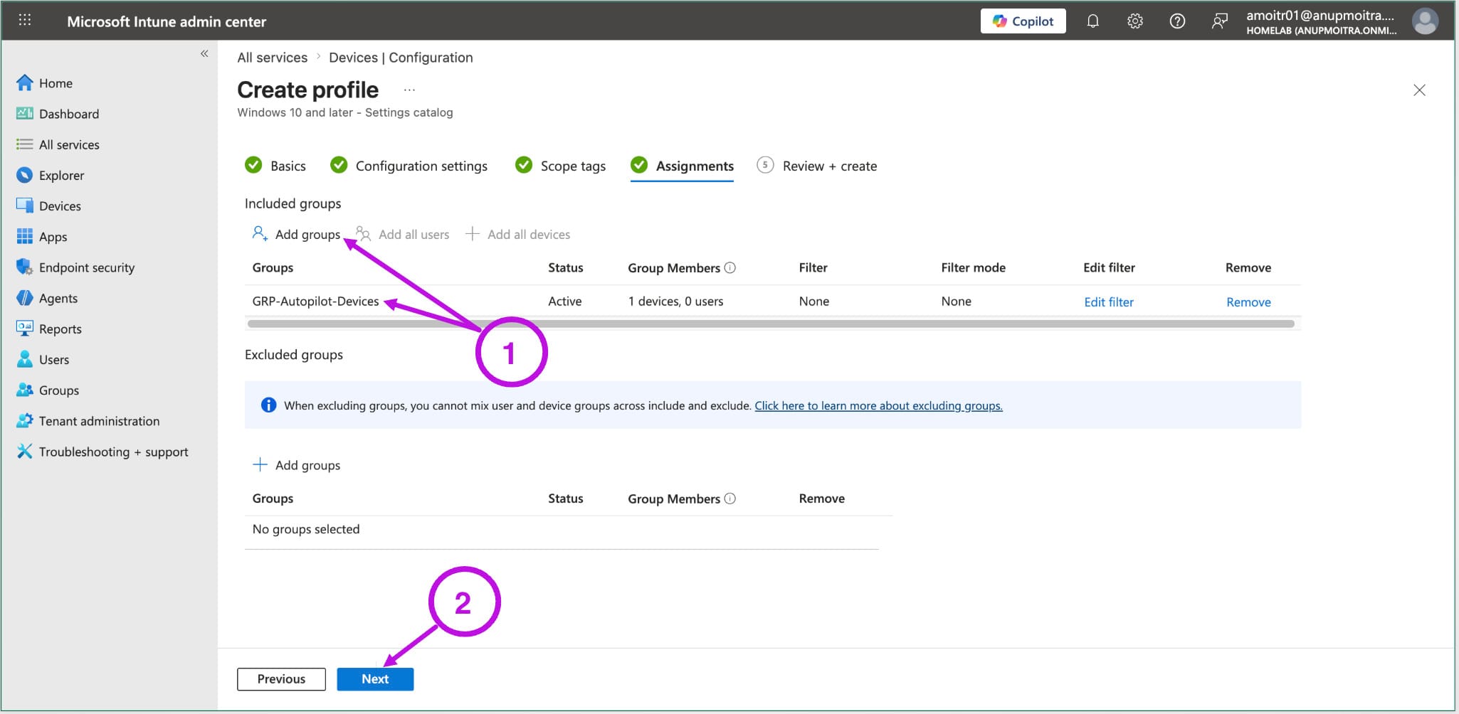 Microsoft Intune Assignments tab showing a device group selected for the USB storage block policy