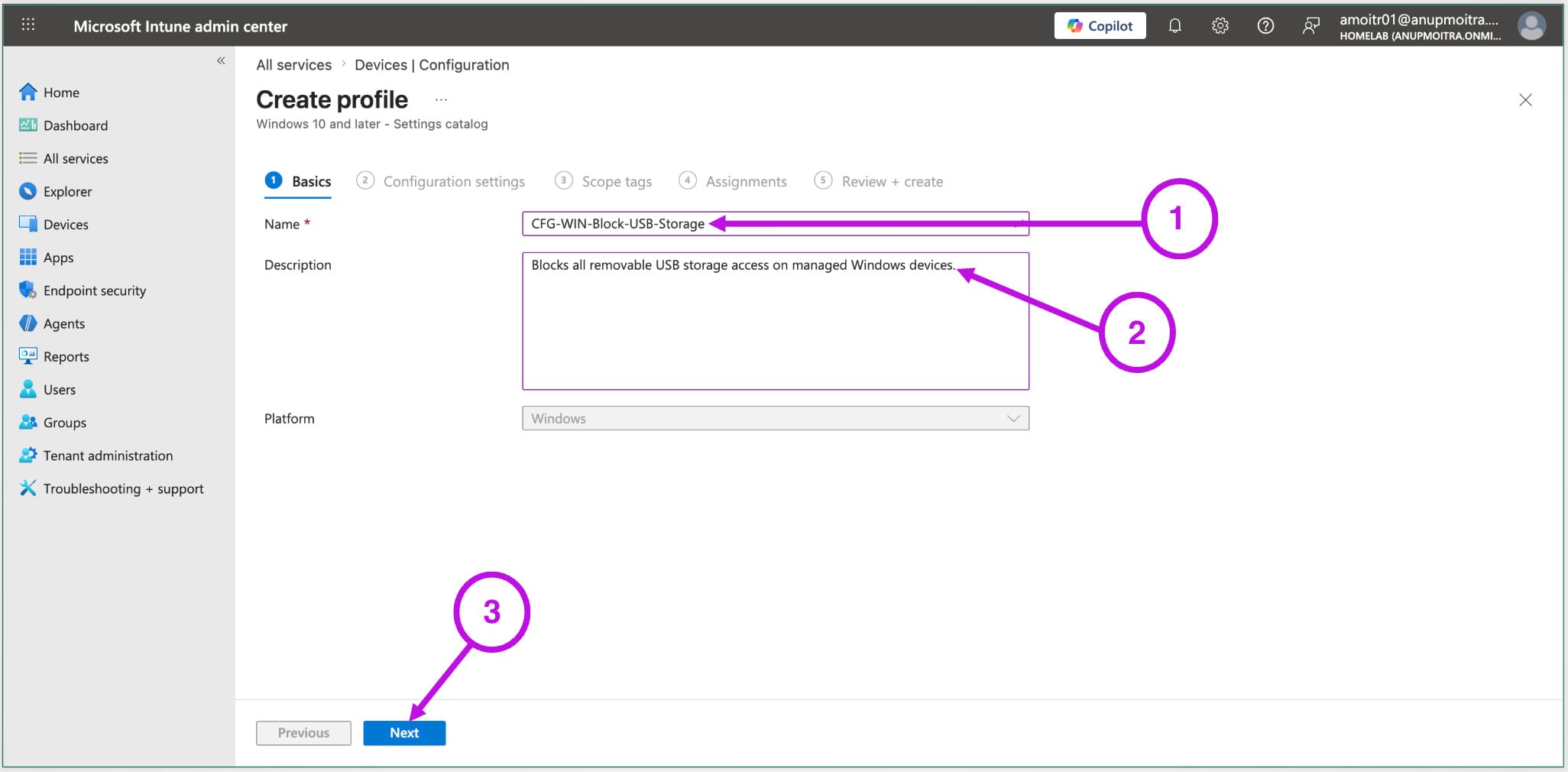 Microsoft Intune Basics tab with USB storage block policy name and description configured
