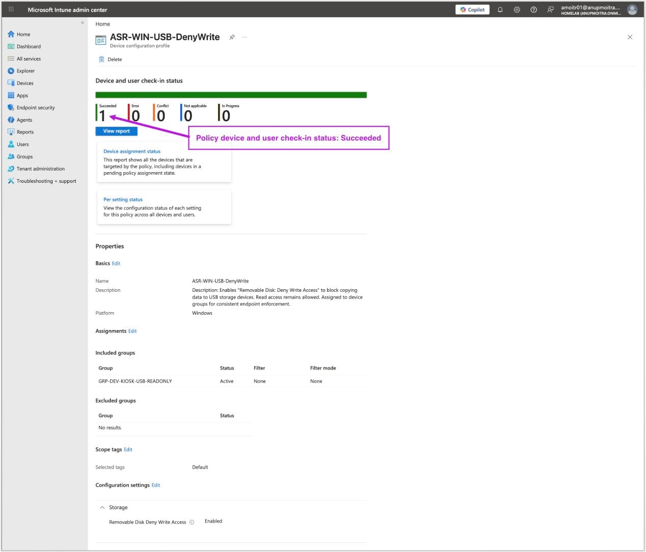 Microsoft Intune policy device and user check-in status showing Succeeded with zero errors conflicts and pending