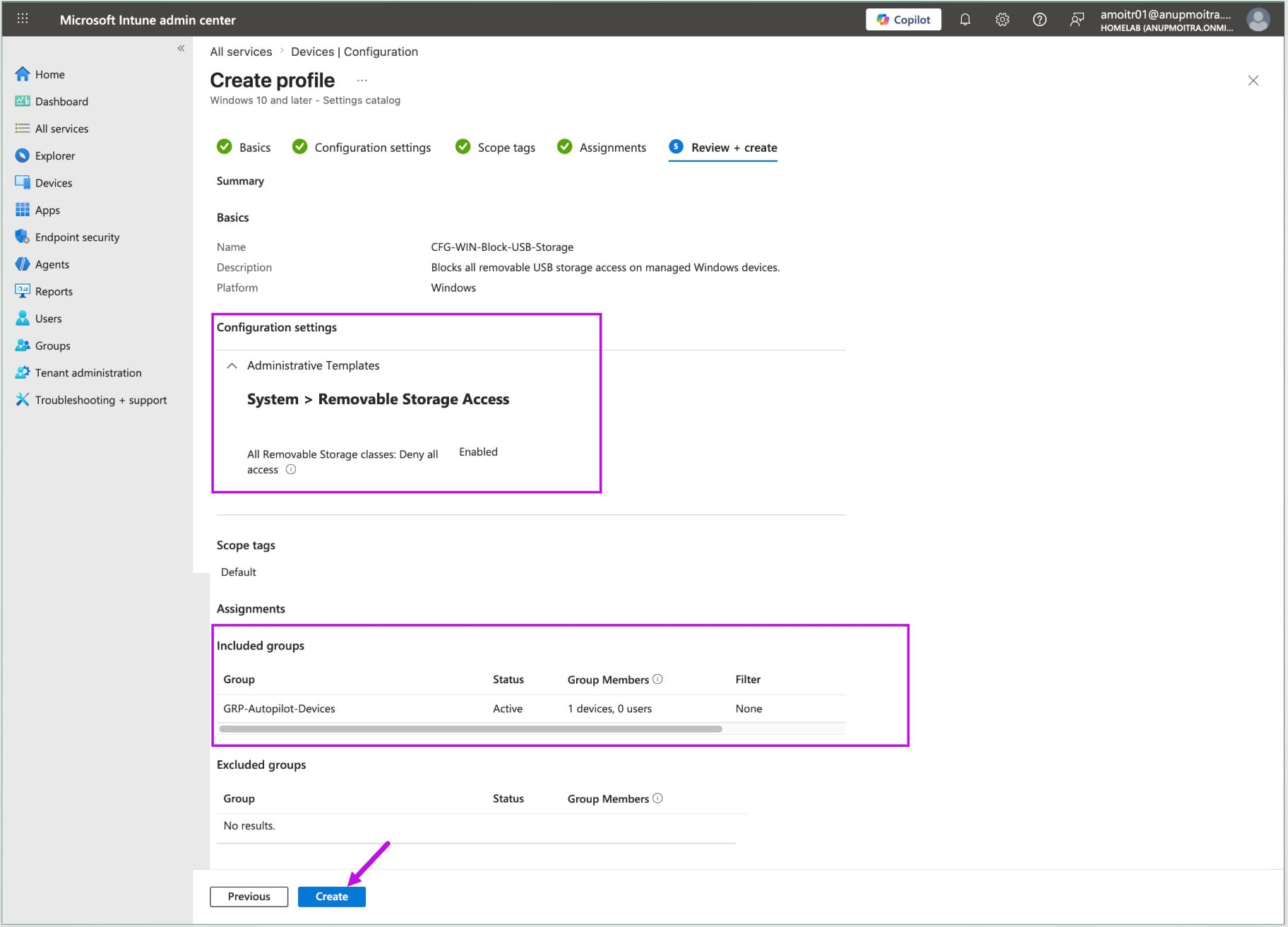 Microsoft Intune Review and create screen showing policy summary before creating the USB storage block policy