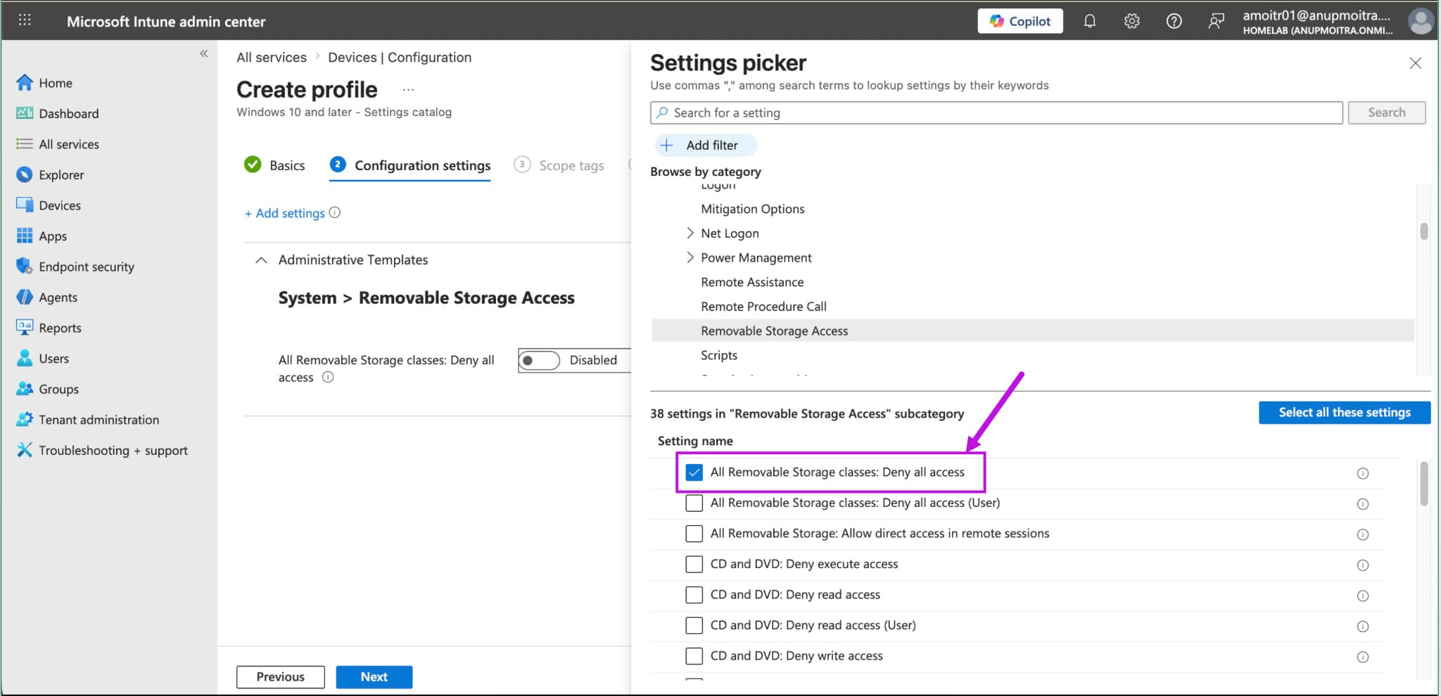 Microsoft Intune Settings picker showing Administrative Templates System Removable Storage Access category selected
