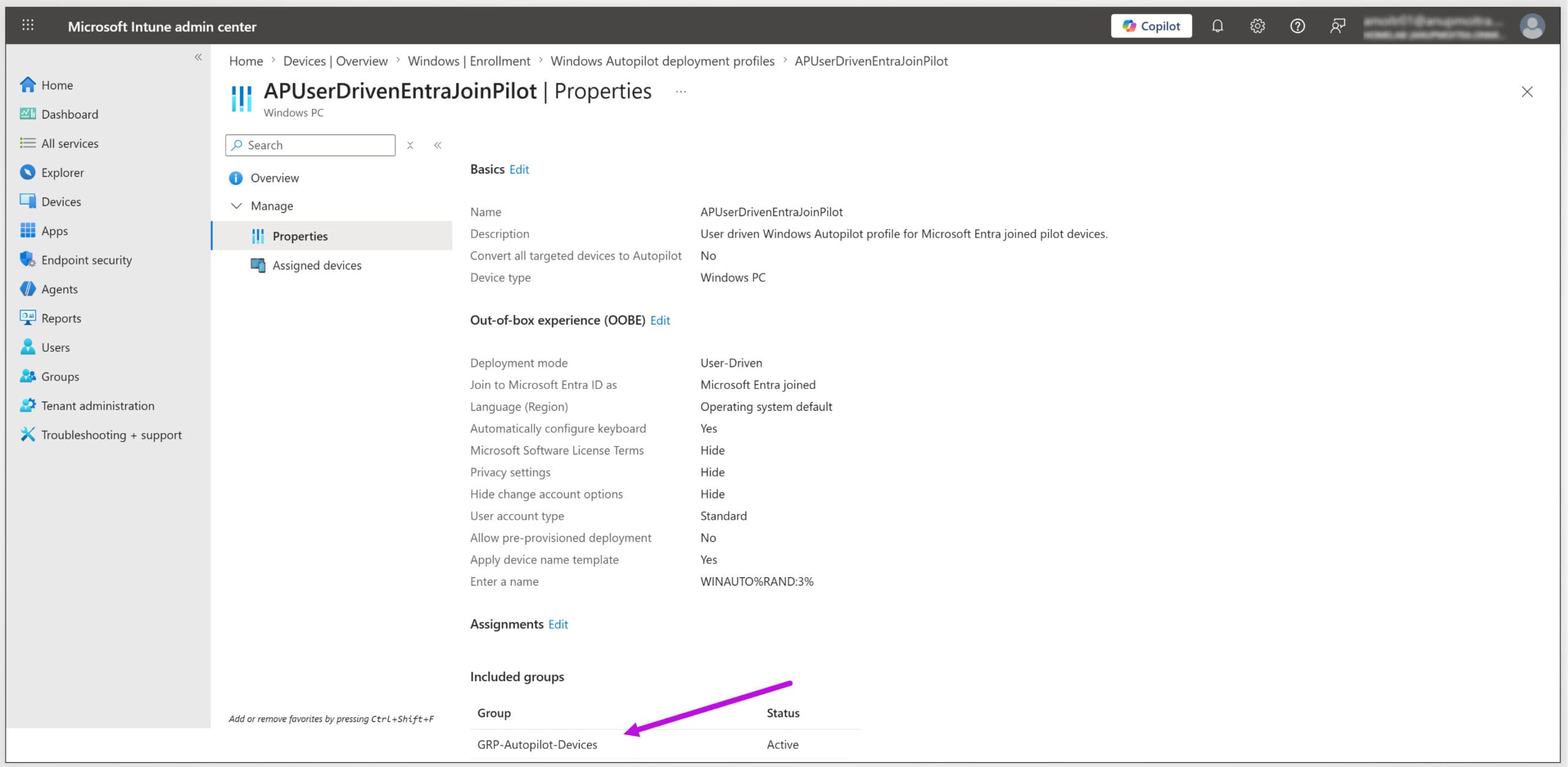 Microsoft Intune admin center showing Autopilot OOBE settings and assignment to GRP-Autopilot-Devices.