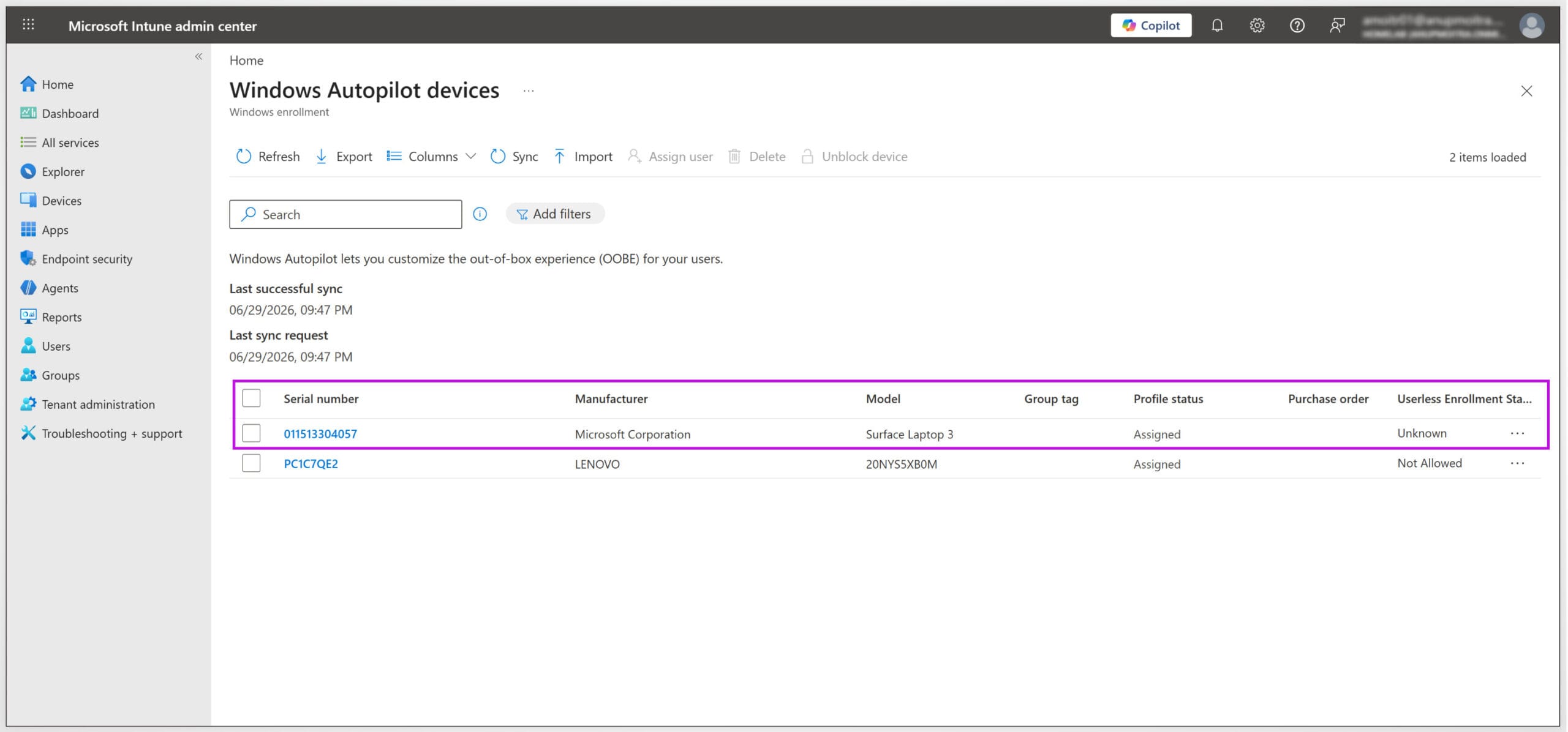 Windows Autopilot devices list showing the imported device with profile status assigned.