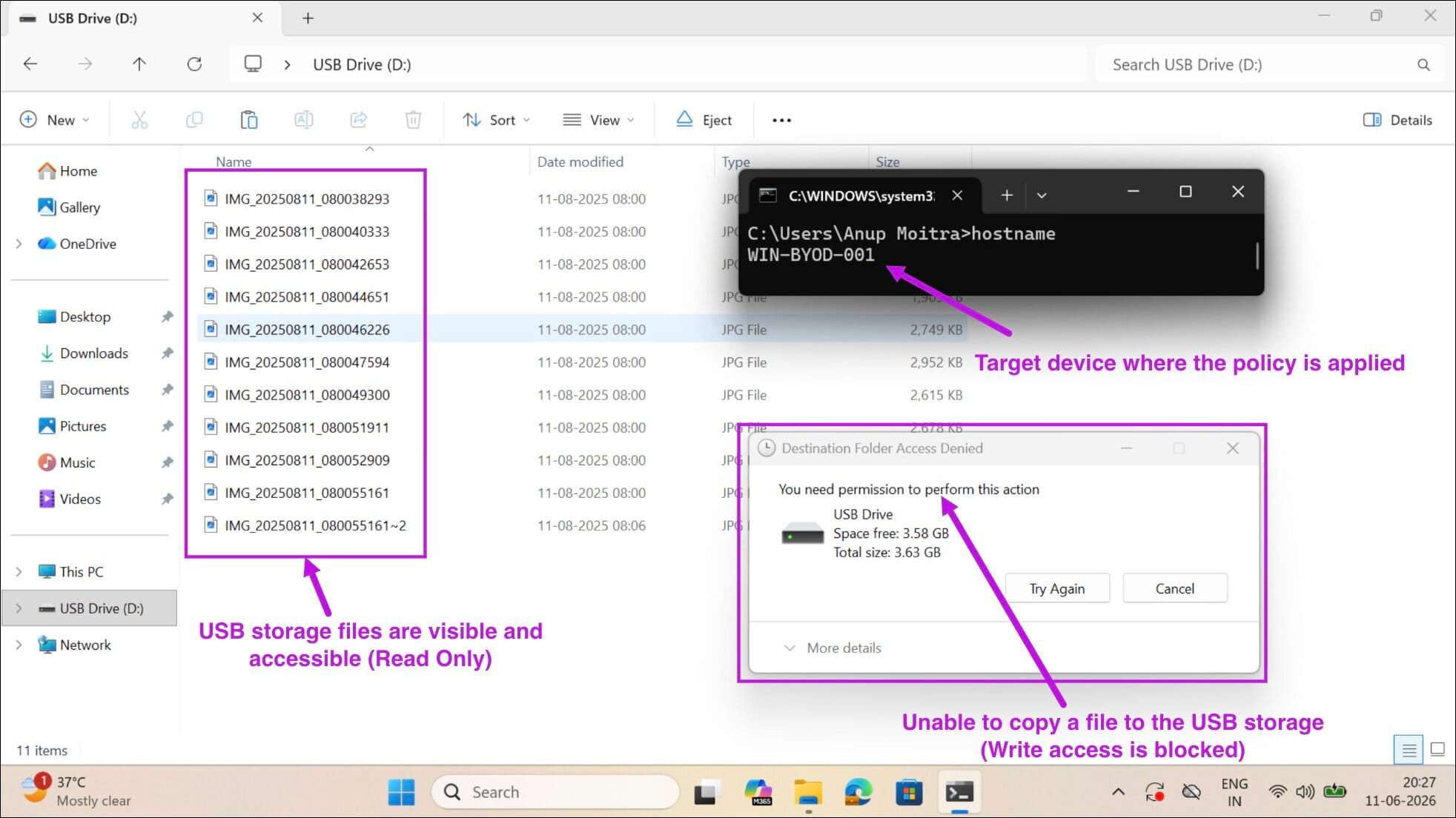 Windows File Explorer showing access denied error when attempting to copy a file to a USB drive