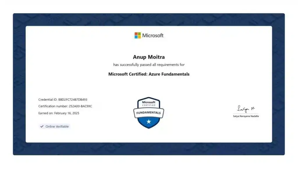 Microsoft Azure Fundamentals certificate awarded to Anup Moitra