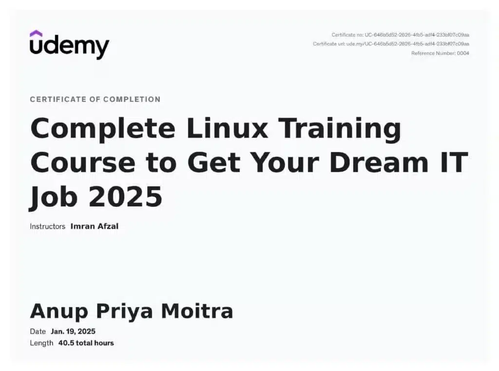 Complete Linux Training Course certificate awarded to Anup Moitra