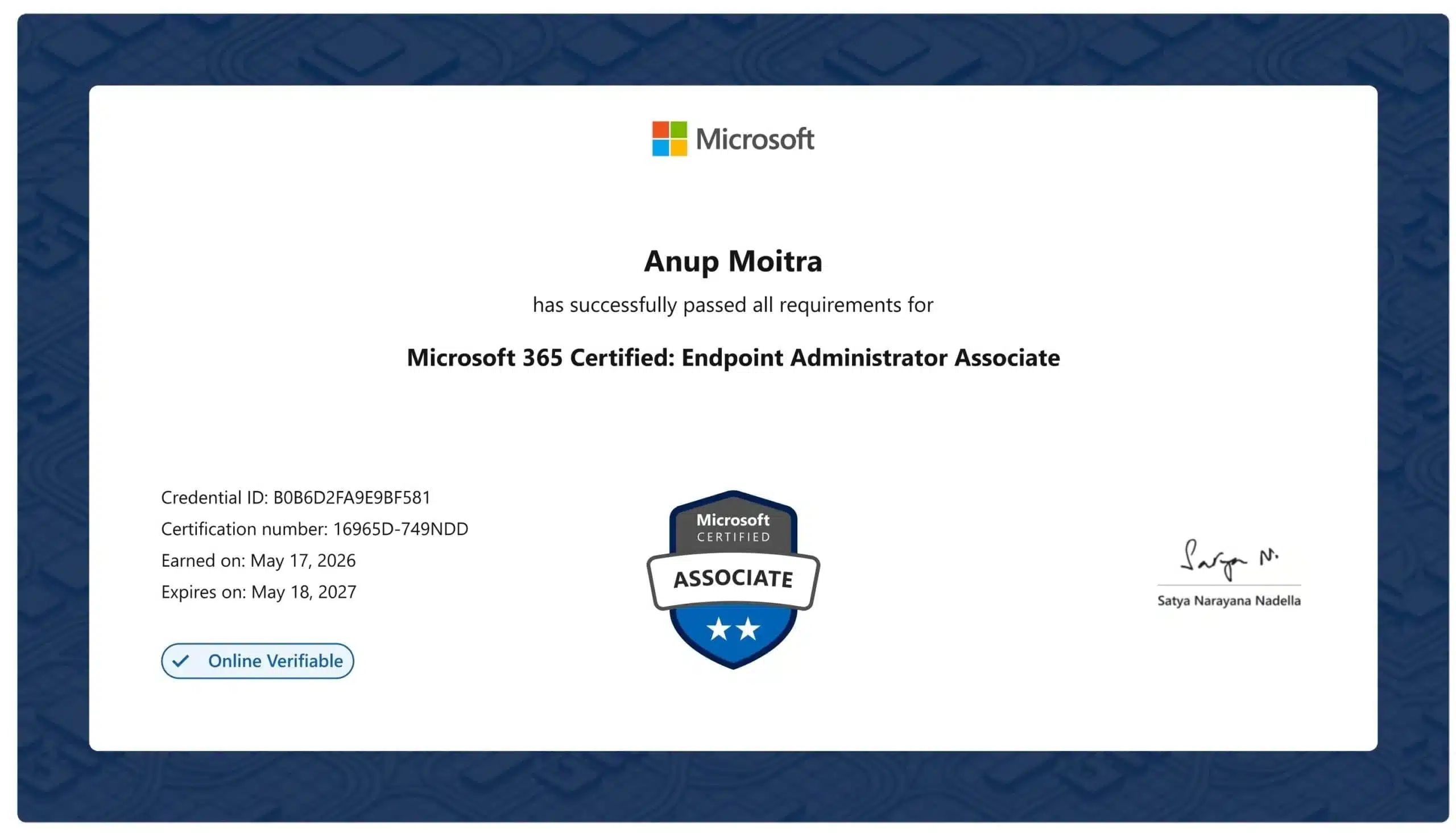 Microsoft 365 Certified Endpoint Administrator Associate certificate awarded to Anup Moitra