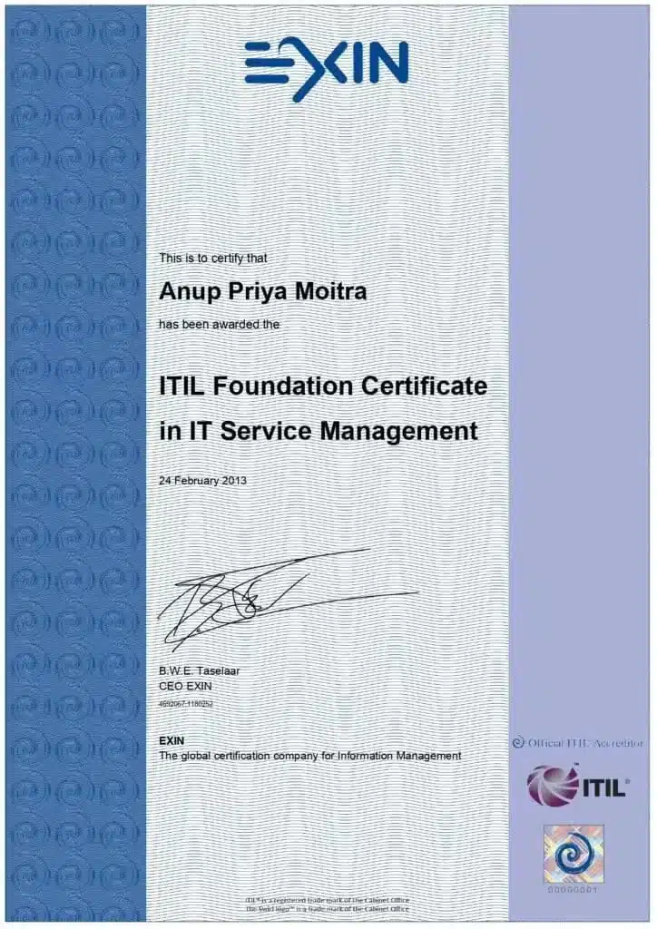 ITIL Foundation Certificate in IT Service Management awarded to Anup Moitra