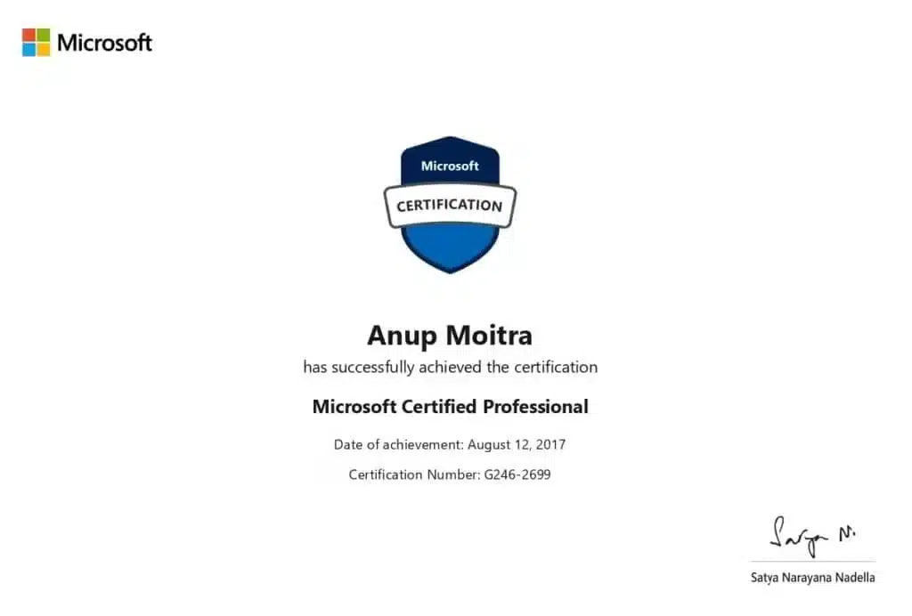 Microsoft Certified Professional certificate awarded to Anup Moitra