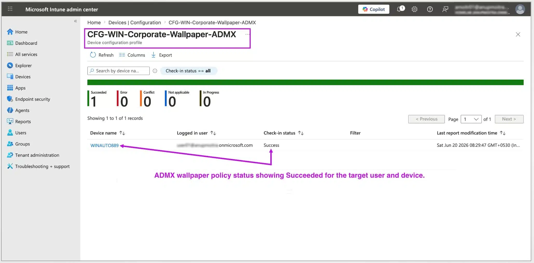 Microsoft Intune ADMX wallpaper policy status showing Succeeded for the target user and device