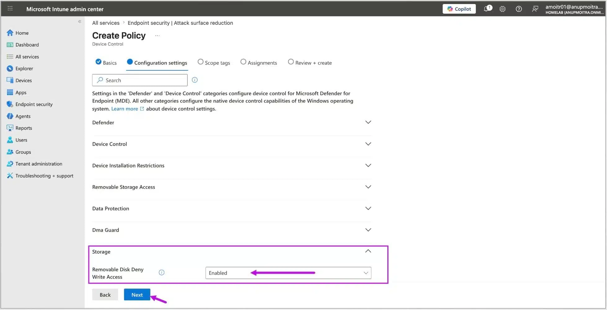 ASR Device Control policy showing Removable Disk: Deny Write Access set to Enabled