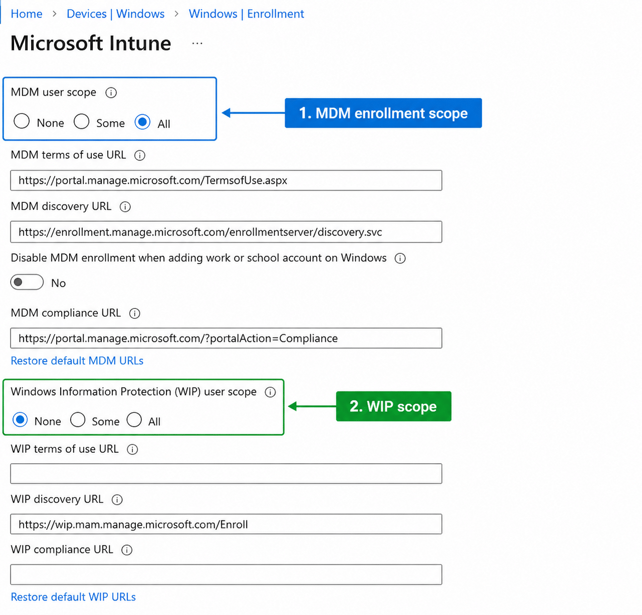 Microsoft Intune automatic enrollment settings