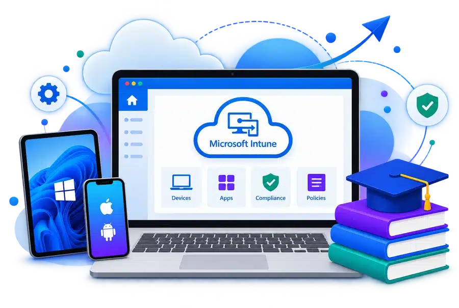 Laptop, tablet, and phone showing the Microsoft Intune dashboard, with a graduation cap and books representing the free learning path