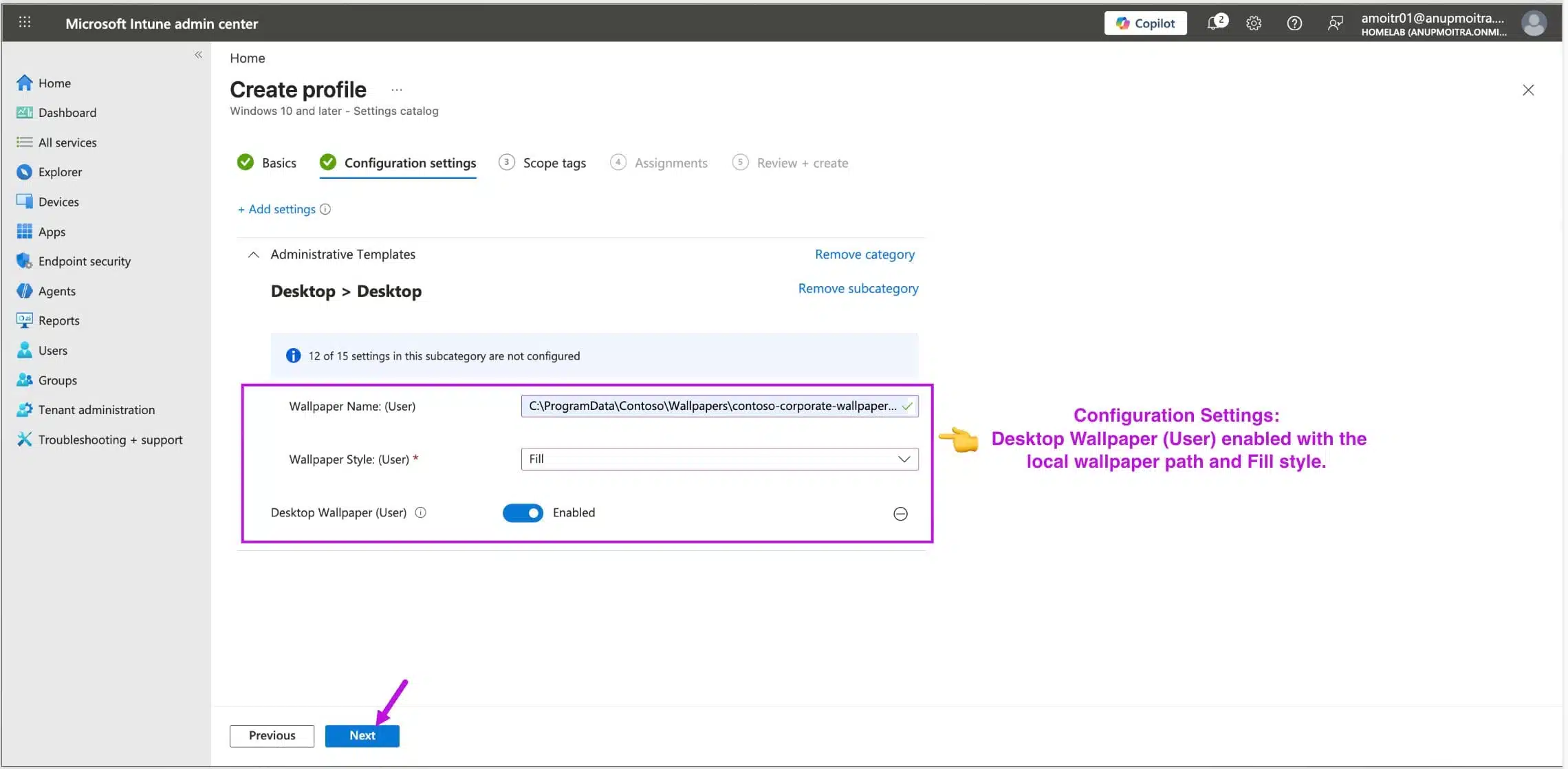 Microsoft Intune configuration settings showing Desktop Wallpaper User enabled with a local wallpaper path and Fill style selected