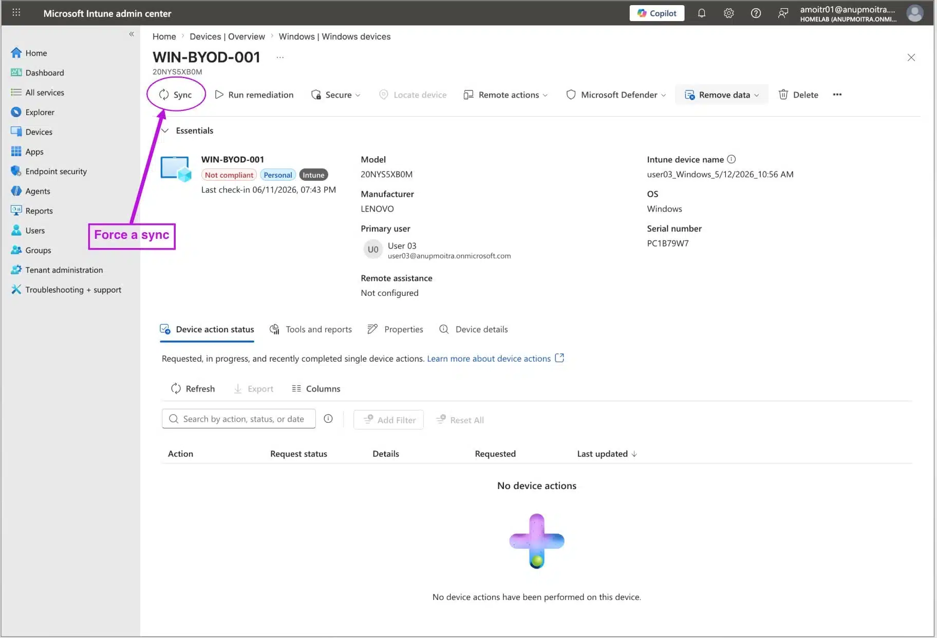 Device overview page showing the Sync button used to manually trigger check-in