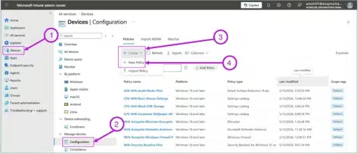 Intune admin center, Devices and Configuration page showing where to start a new policy