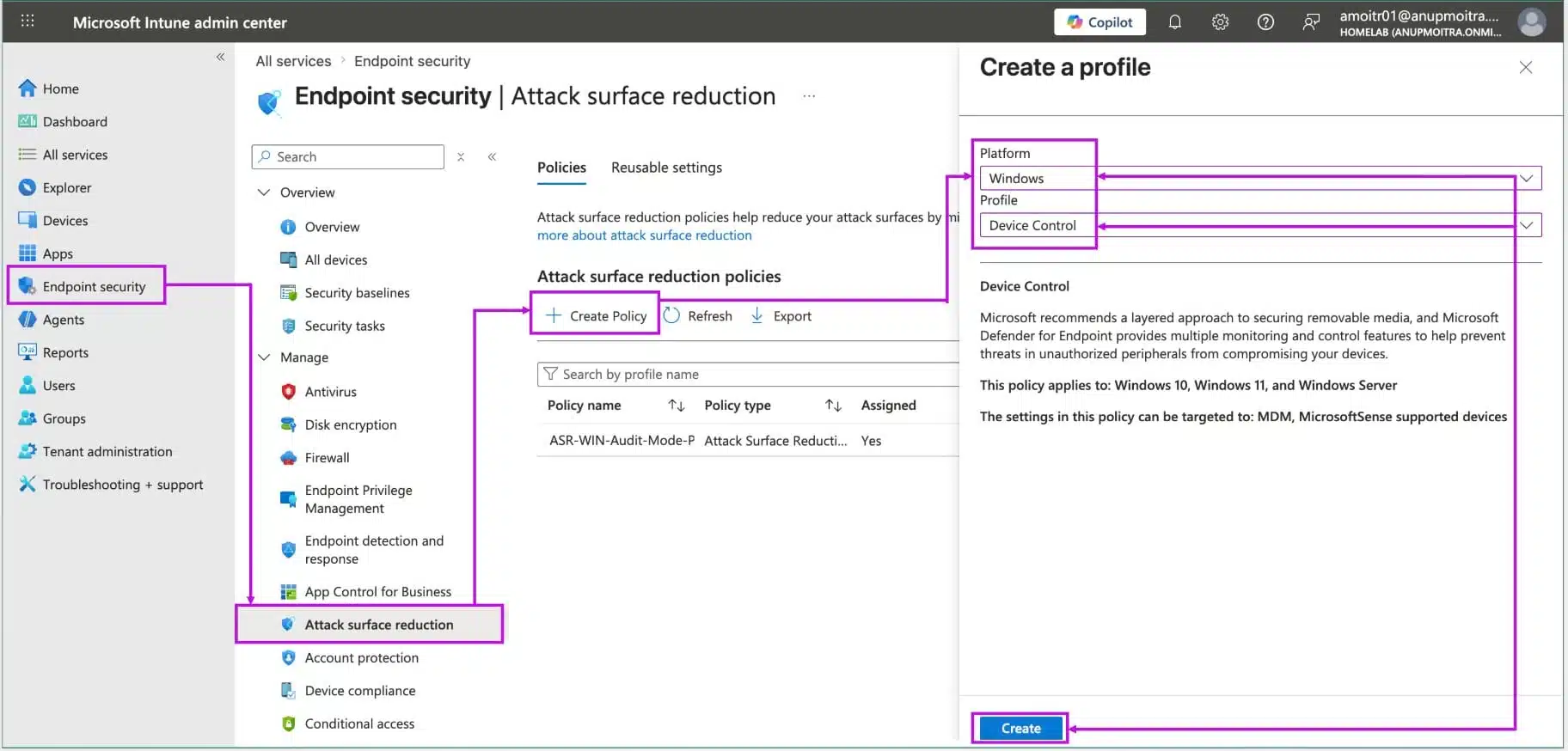 Endpoint security, Attack surface reduction page with Create Policy highlighted