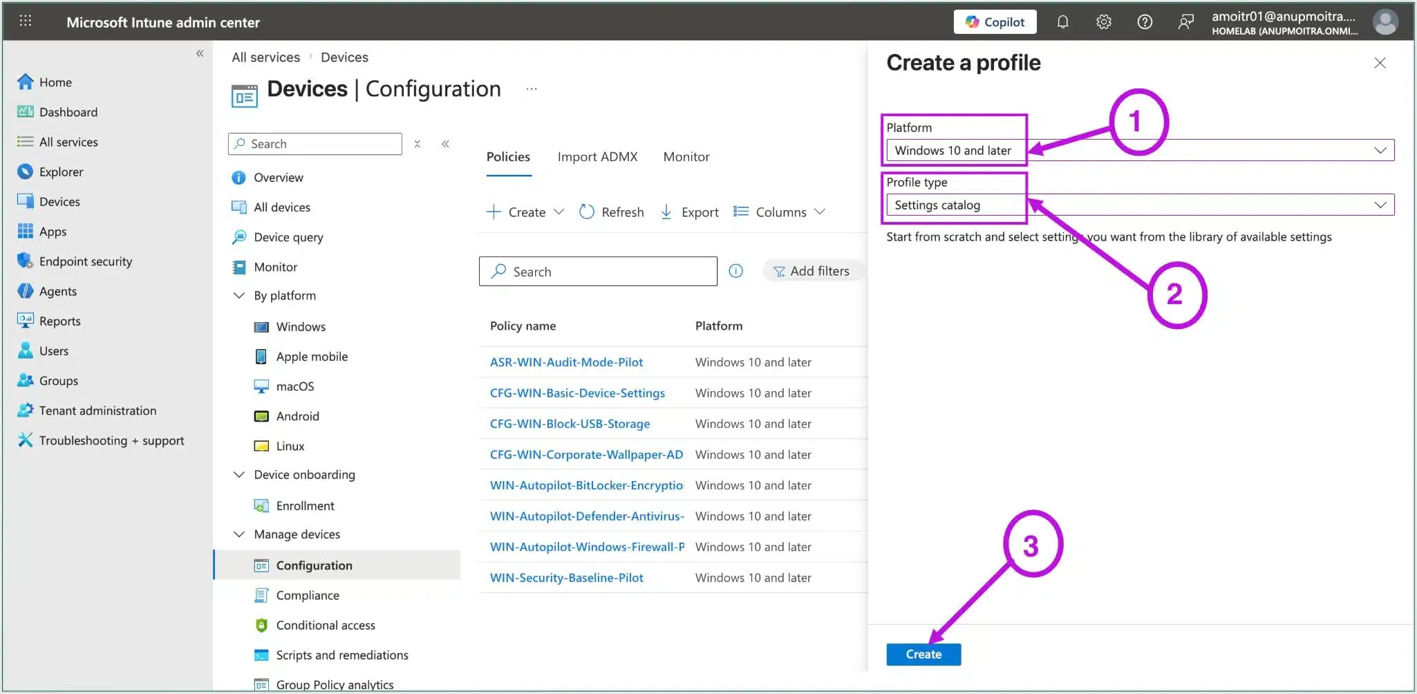 Create a Profile screen with Platform set to Windows 10 and later, Profile type set to Settings catalog