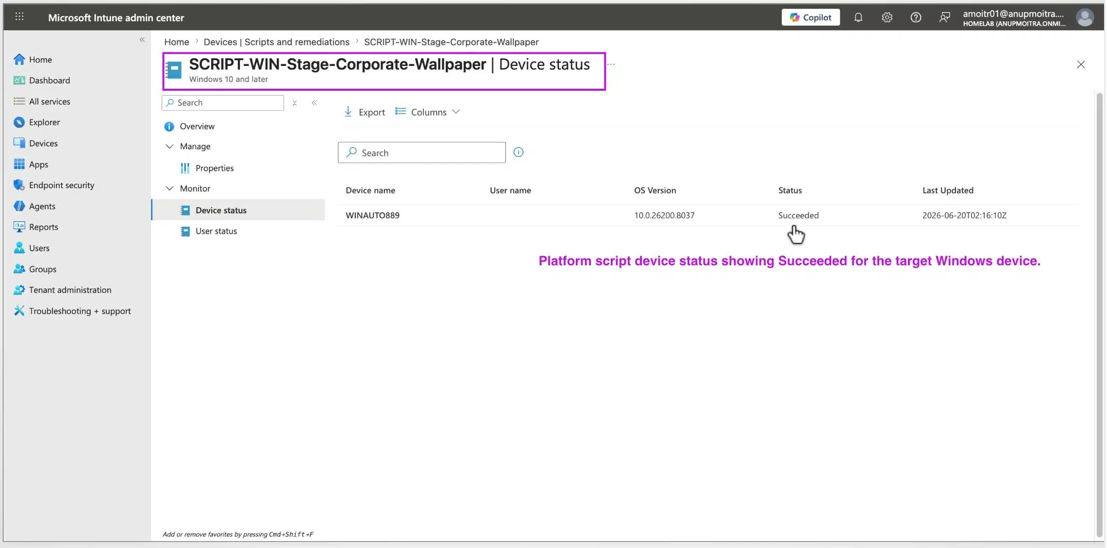 Microsoft Intune platform script device status showing the corporate wallpaper staging script succeeded for the target Windows device