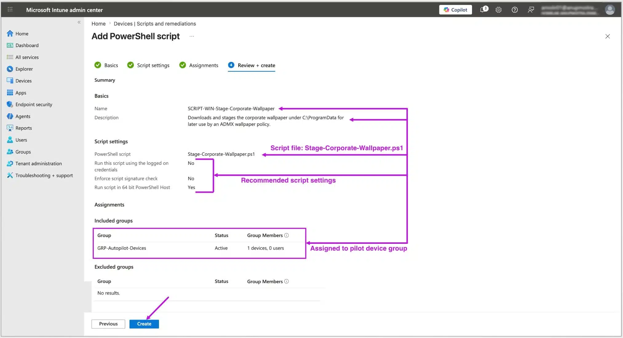 Microsoft Intune platform script settings showing the Stage-Corporate-Wallpaper PowerShell script configured to run in 64-bit PowerShell without logged-on user credentials