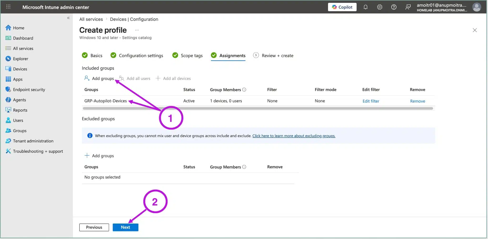Assignments tab with a device group selected