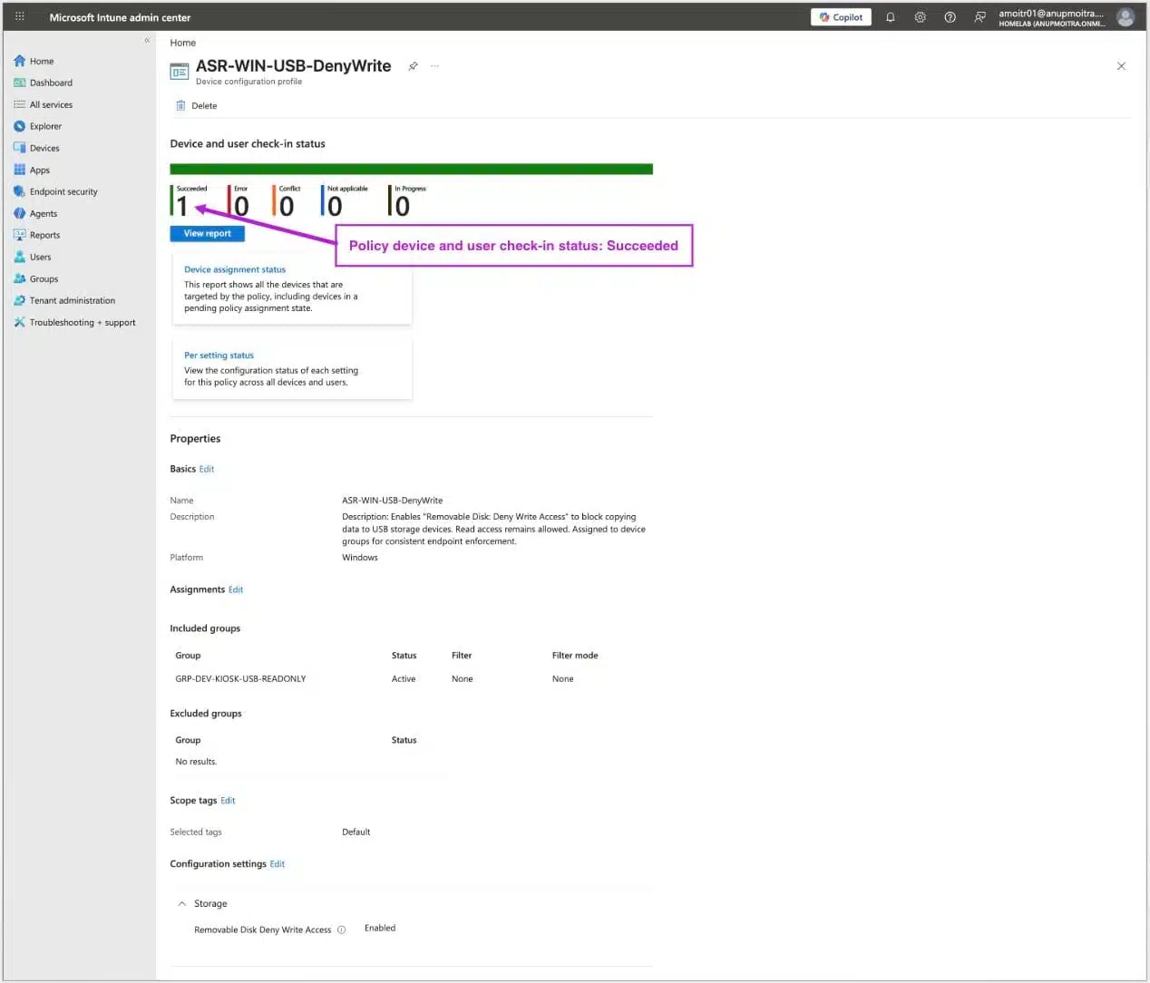 Policy device and user check-in status showing Succeeded with zero errors, conflicts, or pending