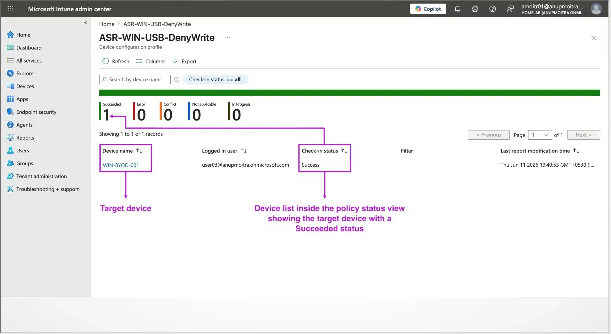 Policy device status list showing the target device with a Succeeded status