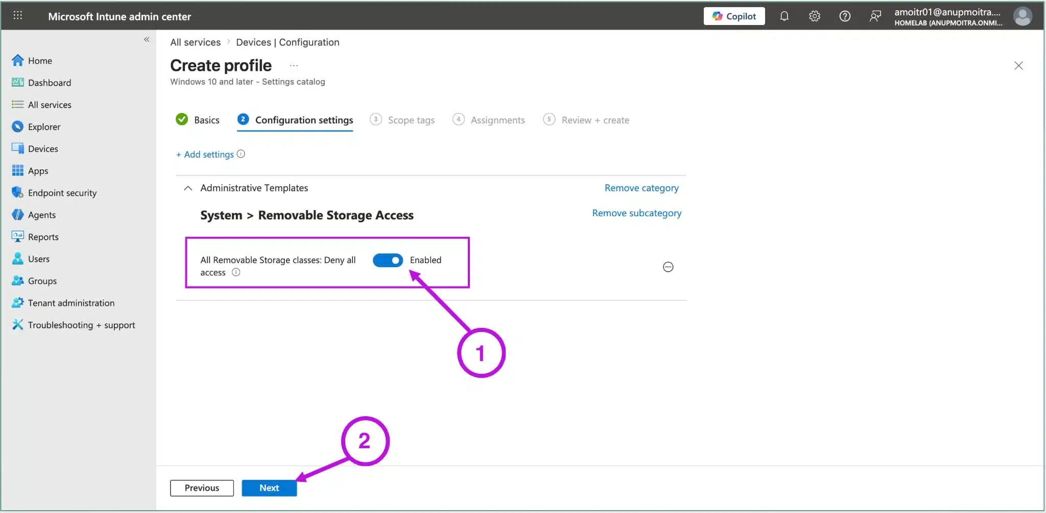 Configuration settings tab showing All Removable Storage classes: Deny all access set to Enabled