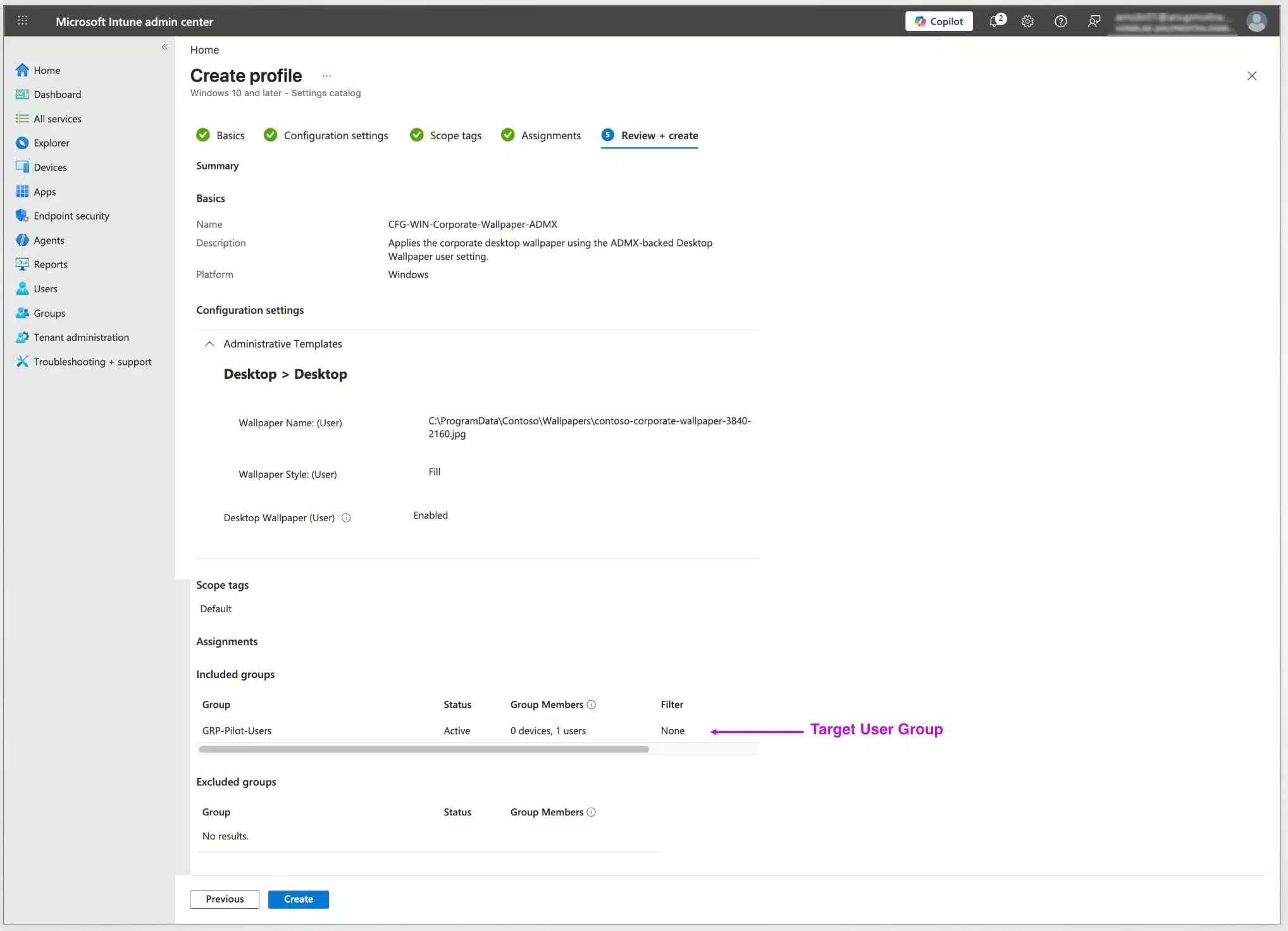 Microsoft Intune Review and create screen showing the ADMX wallpaper policy summary with the pilot user group selected